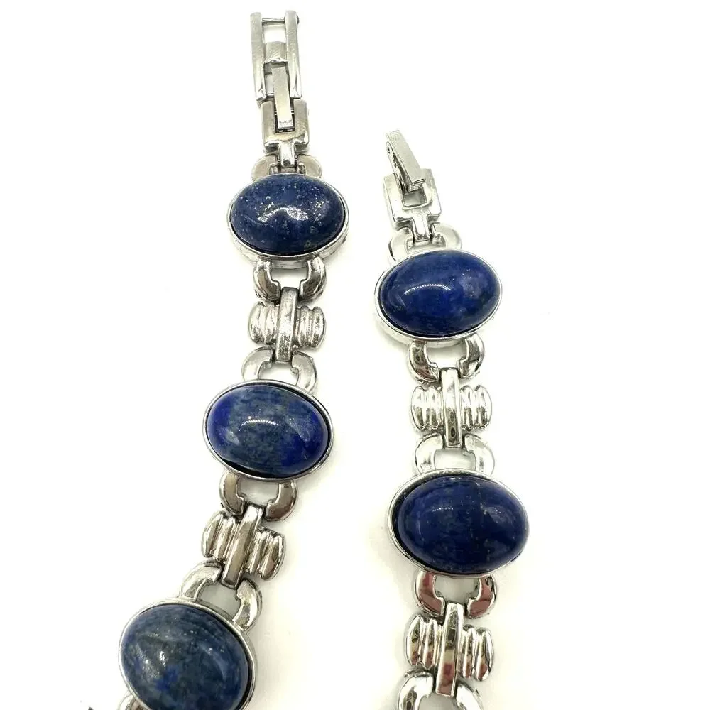 Strada silver tone genuine blue lapis lazuli quartz ladies watch bracelet set